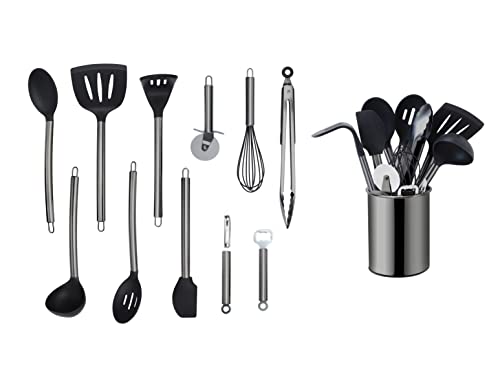 ECHTWERK Küchenuntensilien,12-teiliges Küchenhelfer-Set,Küchenzubehör,Kochbesteck mit Edelstahlgriff,Kochset Utensilienhalter,Kochzubehör,Antihaft Silikon Haushaltshelfer,Black-Edition,EW-KS-1204S von ECHTWERK