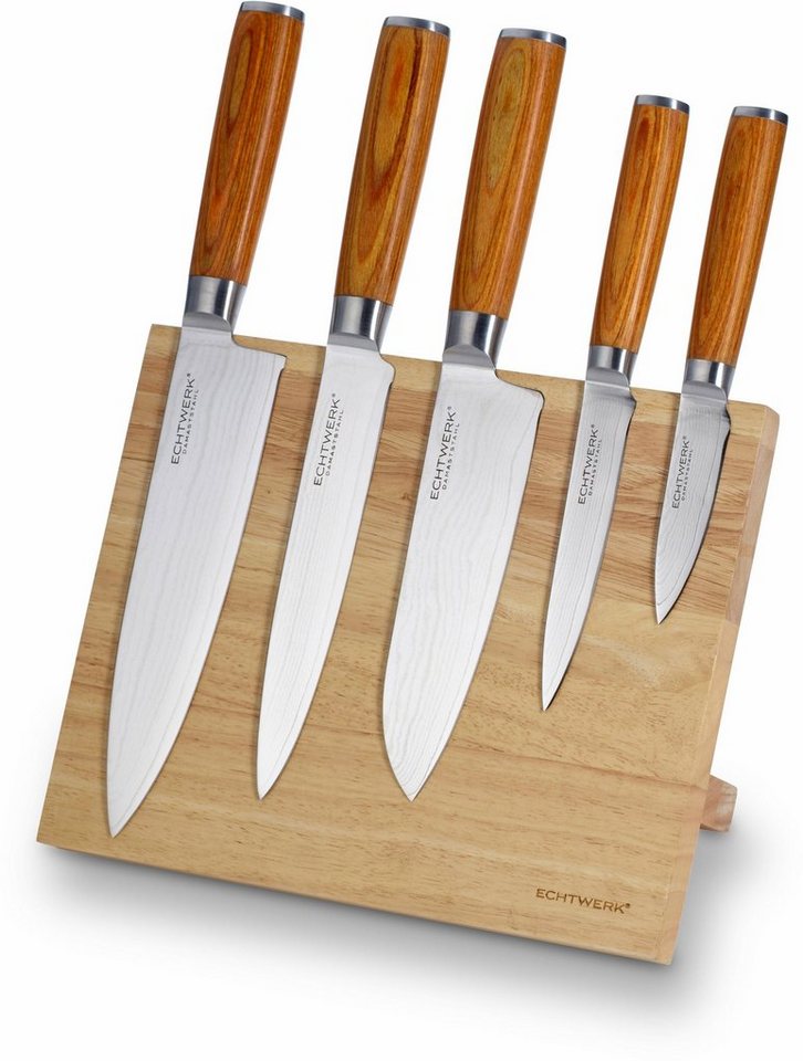 ECHTWERK Magnet-Messerblock Damaszener (6tlg), incl. Damaszener Messer-Set mit Holzgriffen in natürlicher Optik von ECHTWERK
