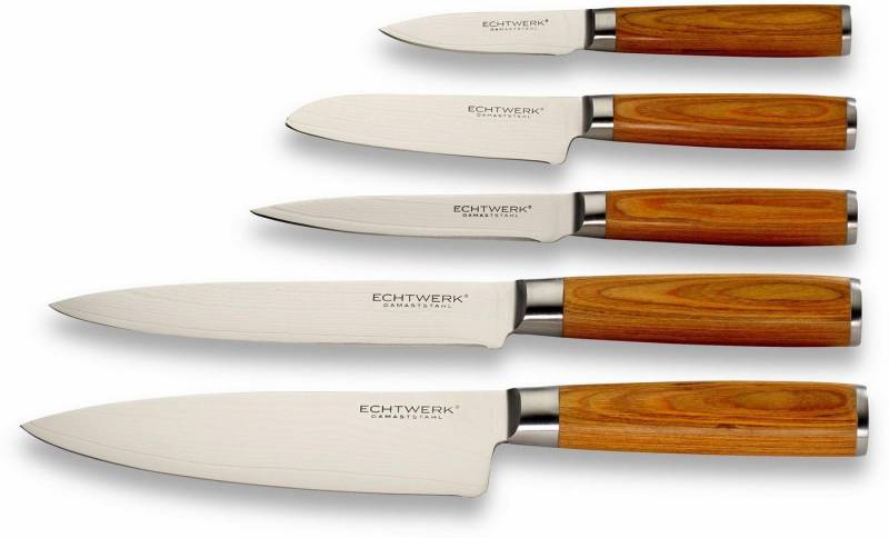 ECHTWERK Messer-Set Damaszener (Set, 5-tlg), Küchenmesser-Set mit Holzgriffen in natürlicher Optik von ECHTWERK