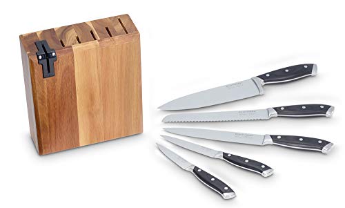ECHTWERK Messerblock/ Küchenmesser-Set aus Akazienholz mit rutschhemmenden Gummifüßen, Inkl. Integriertem Messerschärfer, Messer aus Klingenstahl, 6tlg. von ECHTWERK