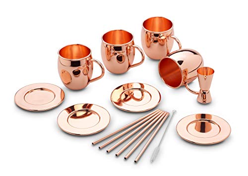 ECHTWERK Moscow Mule Kupferbecher 13er Set gefertigt aus Edelstahl bestehend aus 4x Kupferbecher 500ml, 4x Untersetzer, 4x Strohhalm und 1x Messbecher 2cl/4cl, EW-MM-1714G, Kupfer von ECHTWERK