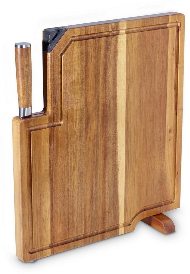 ECHTWERK Schneidebrett 3in1, Akazienholz, (1-St), Tranchierbrett mit integriertem Messerschärfer und Kochmesser 20 cm von ECHTWERK