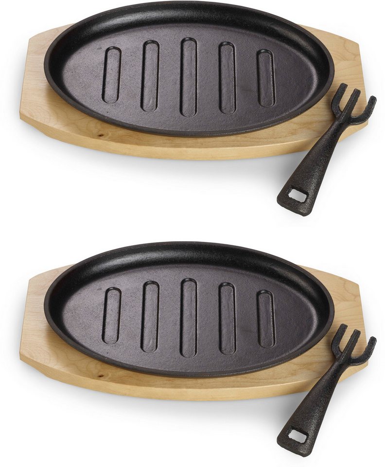 ECHTWERK Servierpfanne 2x Pfännchen "Oval" Grillstreifen, Gusseisen (Set, 2-tlg), inkl. dekorativem Servierbrett, bereits eingebrannt von ECHTWERK