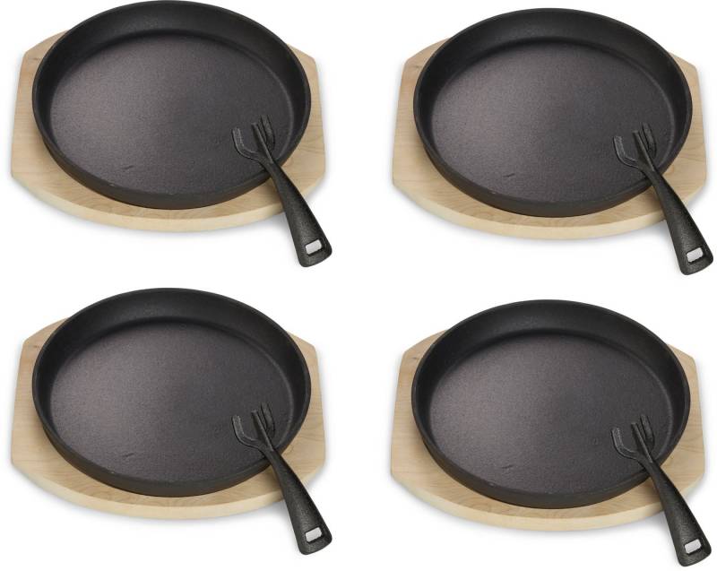 ECHTWERK Servierpfanne 4x Bratpfännchen "Rund", Gusseisen (Set, 4-tlg), inkl. dekorativem Servierbrett, bereits eingebrannt von ECHTWERK