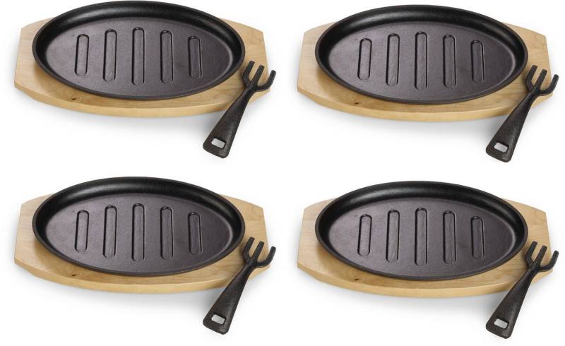 ECHTWERK Servierpfanne 4x Pfännchen "Oval" Grillstreifen, Gusseisen (Set, 4-tlg), inkl. dekorativem Servierbrett, bereits eingebrannt von ECHTWERK