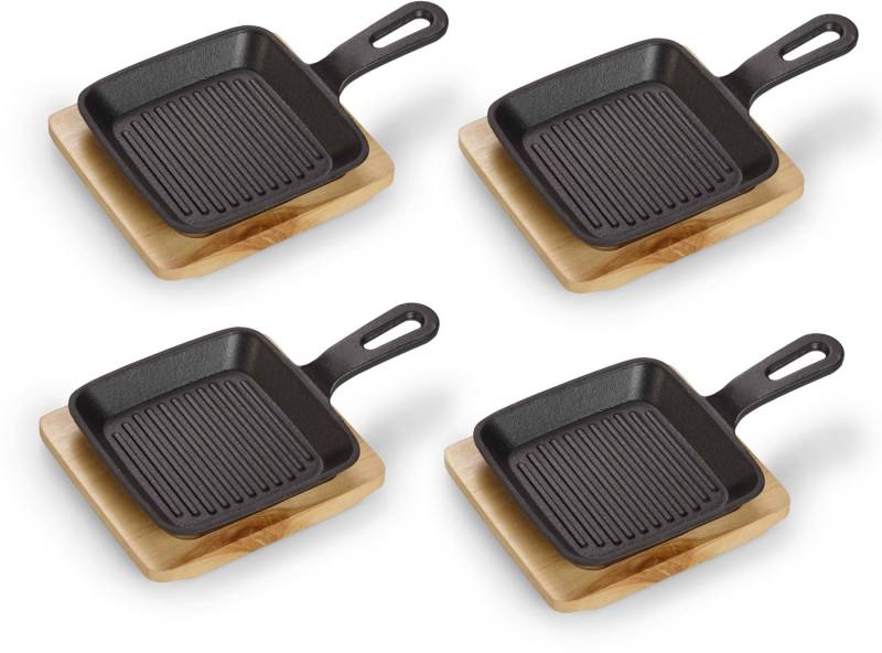 ECHTWERK Servierpfanne 4x Quadratische Servierschale mit Grillstreifen, Gusseisen (Set, 4-tlg), inkl. dekorativem Servierbrett, bereits eingebrannt von ECHTWERK