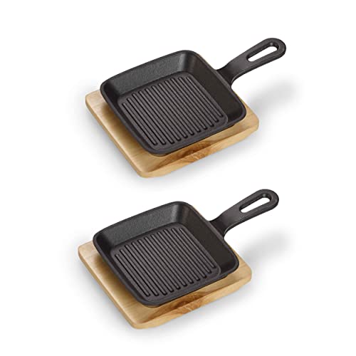 ECHTWERK Servierpfanne 2er Set aus Gusseisen, Servierpfännchen, Quadratische Auflaufform mit Servierbrett, Grillstreifen, Bereits eingebrannt, Für Backöfen, Grill und BBQ geeignet, Ideal zum Servieren von ECHTWERK