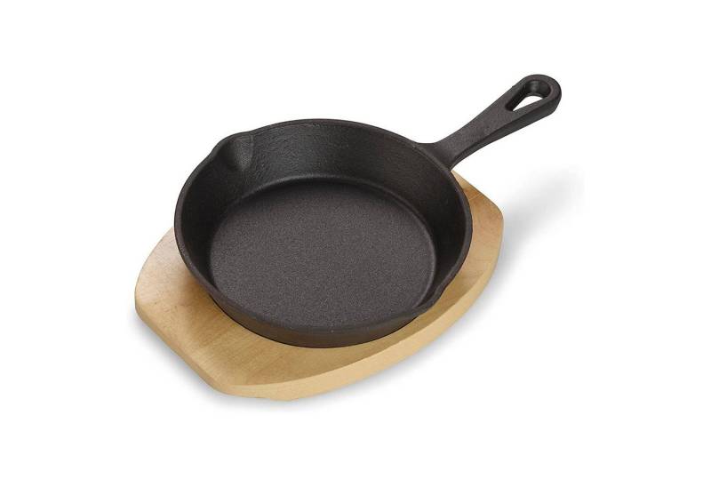 ECHTWERK Servierpfanne kleine Grillpfanne, Gusseisen (2-tlg., Servierpfännchen inklusive Servierbrett), Bereits eingebrannt, Servierbrett aus Echtholz von ECHTWERK