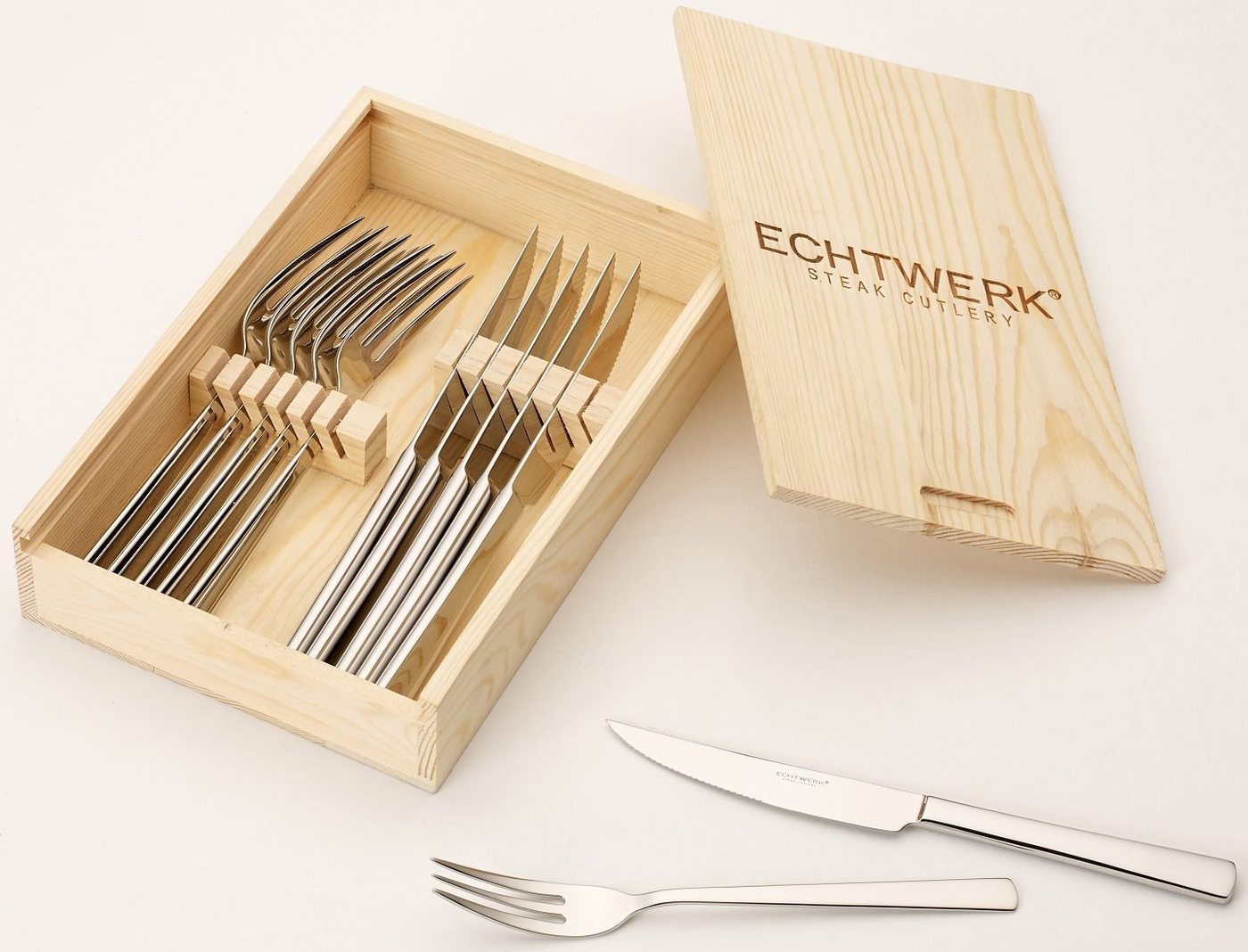 ECHTWERK Steakbesteck Sarre (12-tlg), 6 Personen, Edelstahl 18/10, Pizzabesteck, Grillbesteck, Holzkassette von ECHTWERK