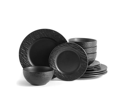 ECHTWERK Tafelservice 12-teilig "New Modern", für 4 Personen, Schiefer-Optik, aus Steingut, 4 Speiseteller, 4 Beilagenteller, 4 Schüsseln, Black von ECHTWERK