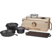 ECHTWERK Topf-Set "Dutch Oven", Gusseisen, (Set, 7 tlg., Kochtopf, Stieltopf, Pfanne, Grillplatte, Deckelheber, Untersetzer), Gusseisen BBQ Kochtopf-Set, Feuertopf, ofenfest, Holzkiste von ECHTWERK
