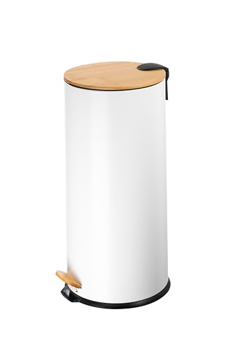ECHTWERK Tretabfalleimer Skandi Look, Abfalleimer, Mülleimer, robuster Eisenkorpus mit Bambusdeckel, Soft Close Funktion, Weiß, Fassungsvermögen 30 Liter von ECHTWERK