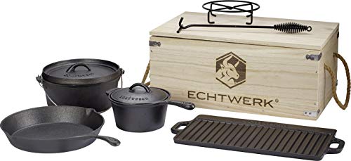ECHTWERK 7-teiliges Dutch Oven Set aus Gusseisen in Holzkiste, Kochtopf-Set mit Kochtopf, Stieltopf, Grillplatte, Pfanne, Deckelheber und Untersetzer zum Kochen und Braten, bereits eingebrannt von ECHTWERK