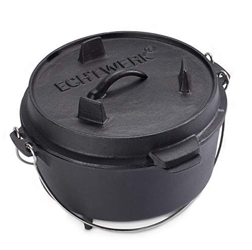 Echtwerk Dutch Oven, Gusseisen BBQ Kochtopf ca. 4,9 L, Bereits eingebrannt - preseasoned, Deckel mit Edelstahl Henkel als Pfanne nutzbar, Grilltopf für Indoor und Outdoor, Small-Edition, Schwarz von ECHTWERK