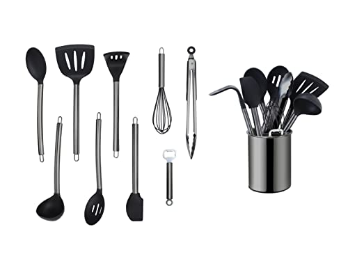 ECHTWERK Küchenuntensilien,10-teiliges Küchenhelfer-Set,Küchenzubehör,Kochbesteck mit Edelstahlgriff,Kochset Utensilienhalter,Kochzubehör,Antihaft Silikon Haushaltshelfer,Black-Edition,EW-KS-1004S von ECHTWERK