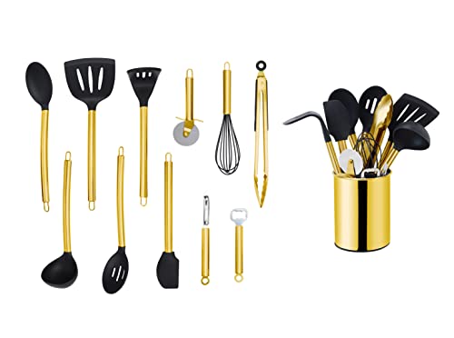 ECHTWERK Küchenuntensilien,12-teiliges Küchenhelfer-Set,Küchenzubehör,Kochbesteck mit Edelstahlgriff,Kochset Utensilienhalter,Kochzubehör,Antihaft Silikon Haushaltshelfer,Gold-Edition, EW-KS-1202G von ECHTWERK