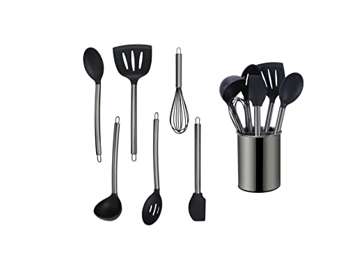 ECHTWERK Küchenuntensilien, 7-teiliges Küchenhelfer-Set, Küchenzubehör, Kochbesteck mit Edelstahlgriff, mit Utensilienhalter, Kochzubehör, Antihaft Silikon Haushaltshelfer, Black-Edition, EW-KS-7040S von ECHTWERK