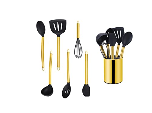 ECHTWERK Küchenuntensilien,7-teiliges Küchenhelfer-Set,Küchenzubehör,Kochbesteck mit Edelstahlgriff,Kochset Utensilienhalter,Kochzubehör,Antihaft Silikon Haushaltshelfer,Gold-Edition,EW-KS-7020G von ECHTWERK