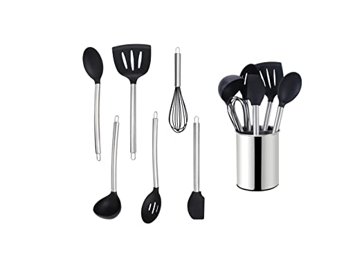 Echtwerk Küchenuntensilien, 7-teiliges Küchenhelfer-Set, Küchenzubehör, Kochbesteck mit Edelstahlgriff, Kochset Utensilienhalter, Kochzubehör, Antihaft Silikon Haushaltshelfer, Silber, (EW-KS-7030) von ECHTWERK