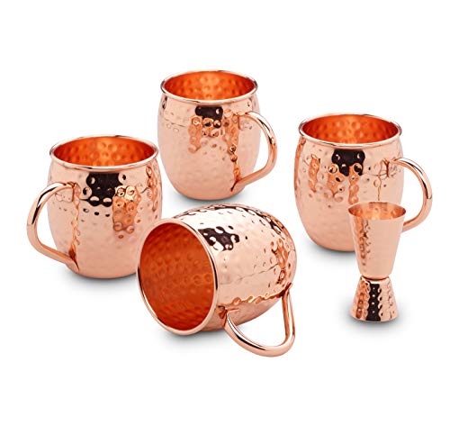 Echtwerk Kupferbecher-Set, Edelstahl-Gläser gehämmert, Cocktail-Set, Cocktailgläser perfekt für Gin, Vodka, Bier und Kaltgetränke, Geschenkset, 4x Kupferbecher 500 ml, 1x Jigger 2 cl/4 cl von ECHTWERK