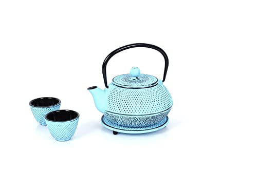 Echtwerk Teeservice aus Gusseisen, Teekanne 0,8 L mit abnehmbarem Sieb, Teebereiter mit Untersetzer, Teekannen-Set im Vintage-Design für Zubereitung von losem Tee, Hellblau von ECHTWERK