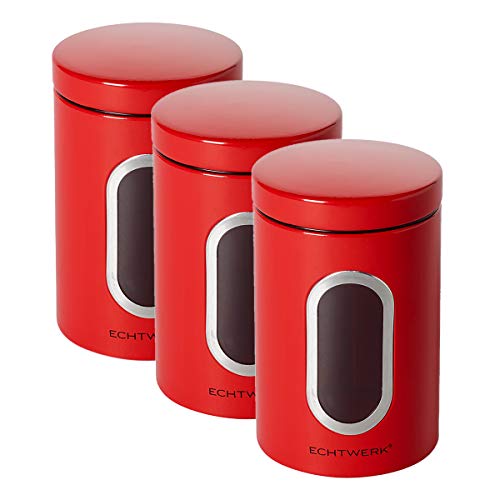 ECHTWERK stilvolle Vorratsdosen 3er Set-Rot, zur Aufbewahrung von Mehl/Zucker/Müsli/Tee, Metalldose mit Luftdichtem Deckel und großem Sichtfenster, Fassungsvermögen 1, 4L, Iron, 3 von ECHTWERK