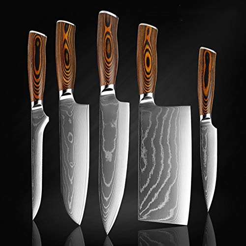 ECLAYA Küchenmesser-Set Damaszener Sehr scharfes Kochmesser Cleaver Schnipsel Ausbeinmesser Farbe Holz Griff Beste Kochwerkzeug (Color : C 5PC 1) von ECLAYA