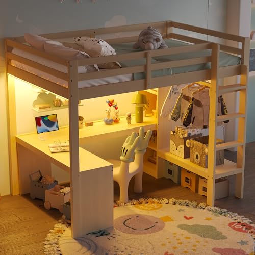 ECLIVON Kinderbett Etagenbett 90x200 mit USB-Schreibtisch und Offener Kleiderschrank, LED-Hochbett Bettgestell mit Leiter & Stauraum Regal, Bett mit Lattenrost und Rausfallschutz,Ohne Matratze (Natur) ECLIVON Kinderbett Etagenbett 90x200 mit USB-Schreibtisch und Offener Kleiderschrank, LED-Hochbett Bettgestell mit Leiter & Stauraum Regal, Bett mit Lattenrost und Rausfallschutz,Ohne Matratze (Natur) von ECLIVON