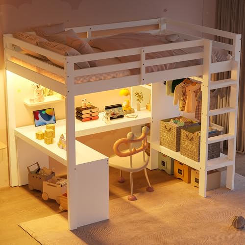 ECLIVON Kinderbett Etagenbett 90x200 mit USB-Schreibtisch und Offener Kleiderschrank, LED-Hochbett Bettgestell mit Leiter & Stauraum Regal, Bett mit Lattenrost und Rausfallschutz,Ohne Matratze (Weiß) ECLIVON Kinderbett Etagenbett 90x200 mit USB-Schreibtisch und Offener Kleiderschrank, LED-Hochbett Bettgestell mit Leiter & Stauraum Regal, Bett mit Lattenrost und Rausfallschutz,Ohne Matratze (Weiß) von ECLIVON