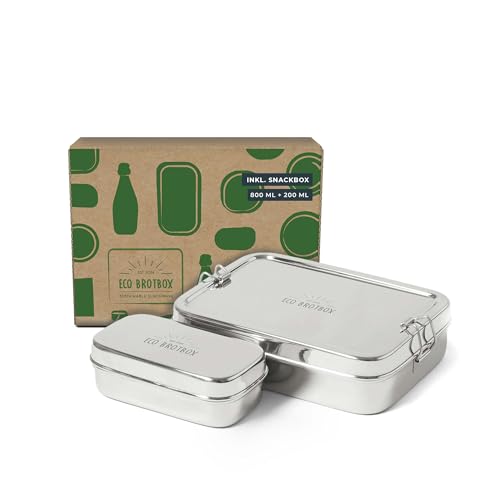 ECO Brotbox Brotbox XL inklusive Snackbox Brotdose aus Edelstahl | lebensmittelecht ohne BPA und spülmaschinenfest | Füllvolumen 0,7 L und 0,2 L von ECO Brotbox