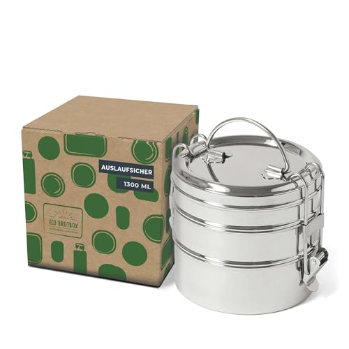 ECO Brotbox | Tiffin Swing | runde Lunchbox aus Edelstahl mit 3 Lagen, auslaufsicher | 1200 ml von ECO Brotbox