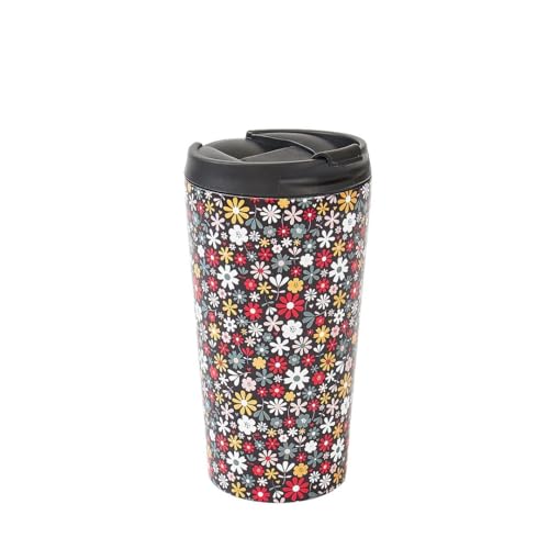 ECO CHIC Wiederverwendbarer Kaffeebecher. Edelstahl-Isolierbecher mit einem Fassungsvermögen von 330 ml (Kleine Blumen Schwarz) von ECO CHIC