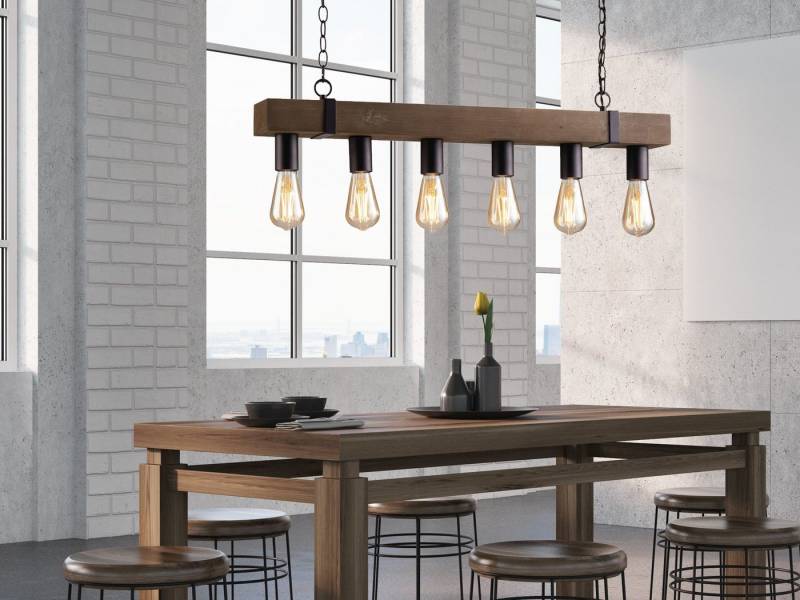LUCE Design LED Pendelleuchte, LED wechselbar, warmweiß, rustikale Balkenlampe, Holz-lampe mit Holzbalken über Esstisch hängend von LUCE Design