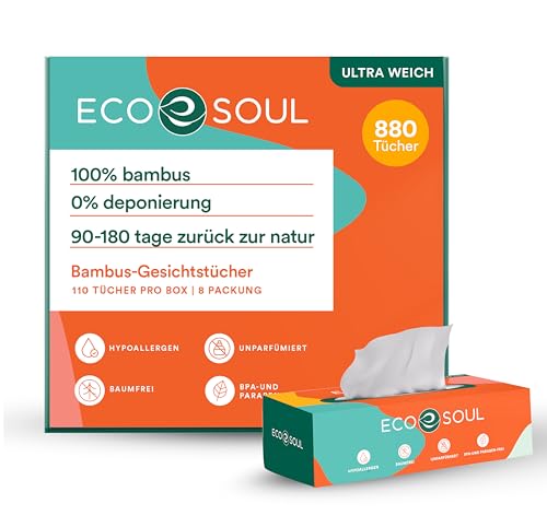 ECO SOUL 100% Bamboo Premium Facial Tissue Cube Box 800 Count | 8 Pack of 100 | Hypoallergenic, Eco-Friendly, 2 Ply Facial Paper Tissue, Sustainable von ECO SOUL