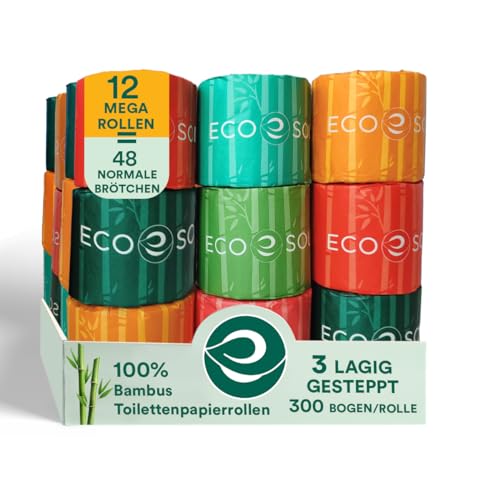 ECO SOUL Bambus-Toilettenpapier, 3-lagig, 12 Mega-Rollen = 48 normale Rollen, umweltfreundlich, baumfrei, septisch, sicher, Bio-Badetücher, nachhaltiges Toilettenpapier, kompostierbar, von ECO SOUL