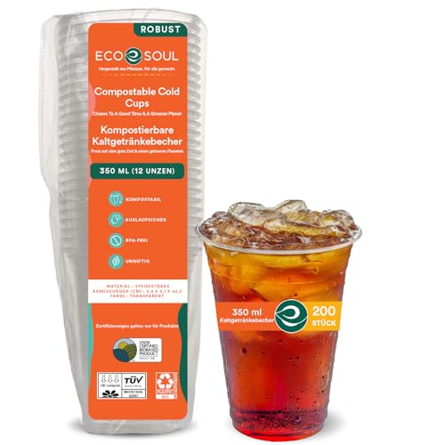ECO SOUL 100% Clear Compostable Party Cups | (200 Count, 12 oz) | Disposable | Biodegradable | Plant Based Eco-friendly Alternative to Paper & Plastic Cups | BPI Certified | For Weddings & Gatherings von ECO SOUL