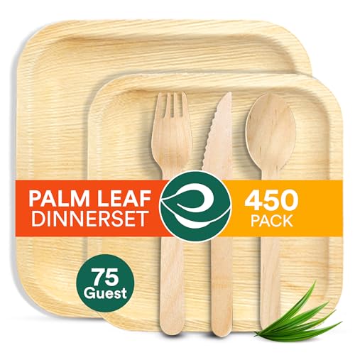 ECO SOUL 100% Compostable Palm Leaf Dinnerware Set [10", 6" Square plates 75 Count each | Fork, Knife, Spoon, 100 Count each] von ECO SOUL