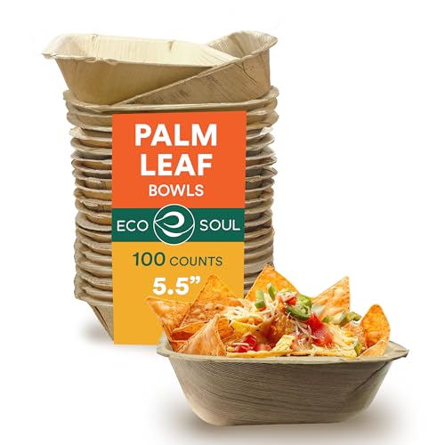 ECO SOUL 100% Compostable Small 5.5 Inch 12 Oz Square Palm Leaf Bowls [100-Pack] Disposable Dessert Bowls Bamboo Style I Heavy Duty Eco-Friendly Sturdy Bowl I Biodegradable Eco Bowls von ECO SOUL
