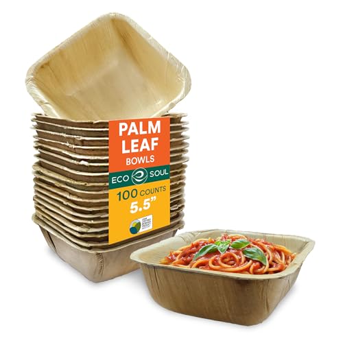 ECO SOUL 100% Compostable Small 5.5 Inch 12 Oz Square Palm Leaf Bowls [100-Pack] Disposable Dessert Bowls Bamboo Style I Heavy Duty Eco-Friendly Sturdy Bowl I Biodegradable Eco Bowls von ECO SOUL