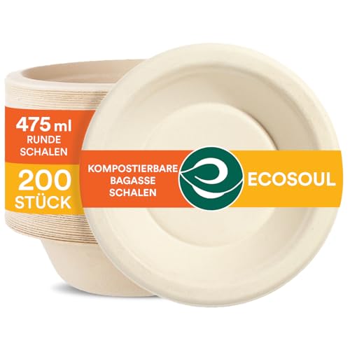 ECO SOUL 100% Kompostierbare 470ml (16oz) Bagasse Papierschüsseln (200 Stück) Biologisch abbaubares, Robustes und Umweltfreundliches Einweggeschirr, Suppenschalen Einweg von ECO SOUL