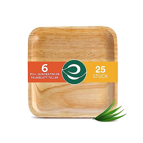 ECO SOUL 100% kompostierbare 15 cm, quadratische Palmblatt Teller [25 Stück] |Premium Palmblatt Geschir | Robuste, Einweg Teller wie Bambus | Quadratische Bio Einweg Teller von ECO SOUL