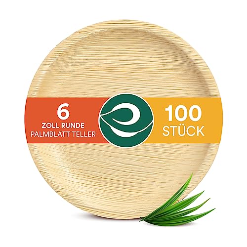 ECO SOUL 100% kompostierbare 15 cm, runde Palmblatt Teller [100 Stück] I Premium Palmblatt Geschir I Robuste, Bio Einweg Teller wie Bambus I Runde Einweg Teller von ECO SOUL