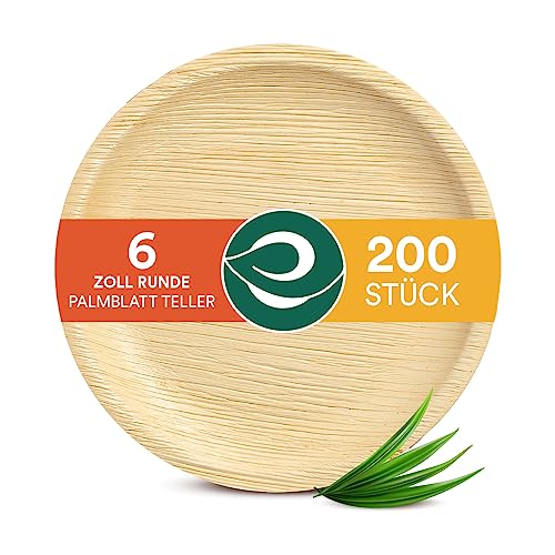 ECO SOUL 100% kompostierbare 15 cm, runde Palmblatt Teller [200 Stück] I Premium Palmblatt Geschir I Robuste, Bio Einweg Teller wie Bambus I Runde Einweg Teller von ECO SOUL