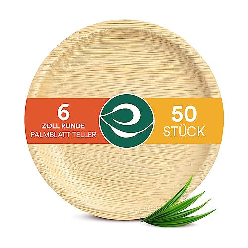 ECO SOUL 100% kompostierbare 15 cm, runde Palmblatt Teller [50 Stück] I Premium Palmblatt Geschir I Robuste, Bio Einweg Teller wie Bambus I Runde Einweg Teller von ECO SOUL