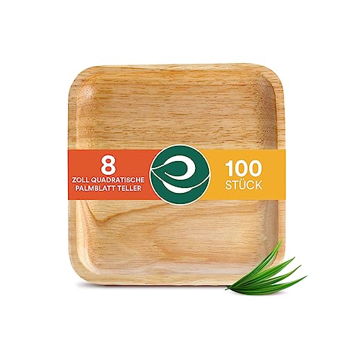 ECO SOUL 100% kompostierbare 20 cm, quadratische Palmblatt Teller [100 Stück] |Premium Palmblatt Geschir | Robuste, Einweg Teller wie Bambus | Quadratische Bio Einweg Teller von ECO SOUL