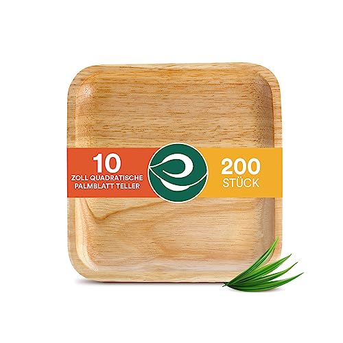 ECO SOUL 100% kompostierbare 25 cm, quadratische Palmblatt Teller [200 Stück] |Premium Palmblatt Geschir | Robuste, Einweg Teller wie Bambus | Quadratische Bio Einweg Teller von ECO SOUL