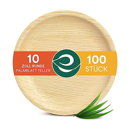 ECO SOUL 100% kompostierbare 25 cm, runde Palmblatt Teller [100 Stück] I Premium Palmblatt Geschir I Robuste, Bio Einweg Teller wie Bambus I Runde Einweg Teller von ECO SOUL