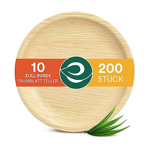 ECO SOUL 100% kompostierbare 25 cm, runde Palmblatt Teller [200 Stück] I Premium Palmblatt Geschir I Robuste, Bio Einweg Teller wie Bambus I Runde Einweg Teller von ECO SOUL