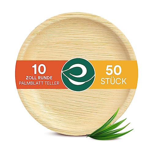 ECO SOUL 100% kompostierbare 25 cm, runde Palmblatt Teller [50 Stück] I Premium Palmblatt Geschir I Robuste, Bio Einweg Teller wie Bambus I Runde Einweg Teller von ECO SOUL