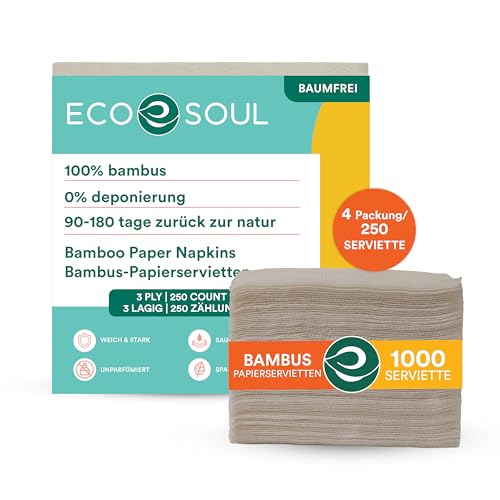 ECO SOUL Bambus-Papierservietten, 3-lagig, 1000 Stück, 4 Stück à 250 Stück, umweltfreundliche Einweg-Papierservietten, kompostierbar, für den täglichen Gebrauch von ECO SOUL